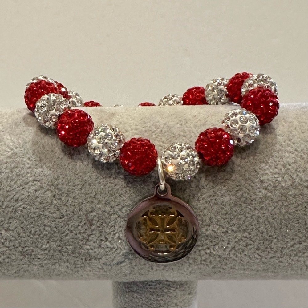 Rustic Cuff Bracelet- Stretch Silver On White & R… - image 3